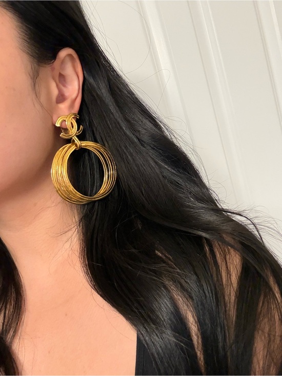 CHANEL Jewelry - Chanel XL Vintage Gold Hoop CC Statement Clip On Dangle Earrings